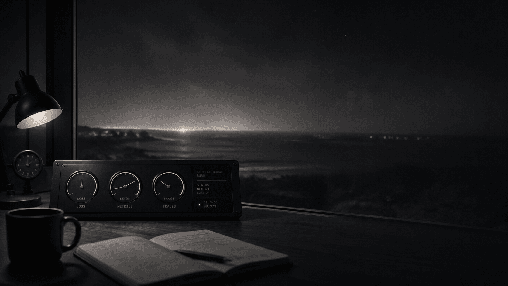 A night-shift desk overlooking the coast: lamp, ledger, mug, and a Substrate overview quietly shipping while the founder sleeps